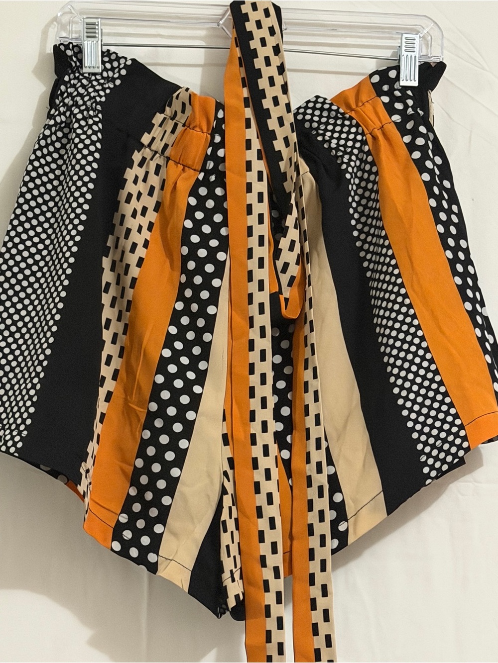 High-Waist Striped & Polka Dot Tie-Front Women’s Shorts in Black, Orange & Cream